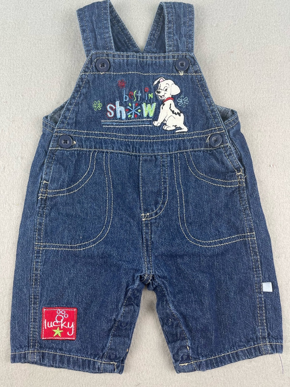Vintage Disney 101 Dalmatians Lucky Embroidered Denim Jean Baby Overalls 0-3 Mo